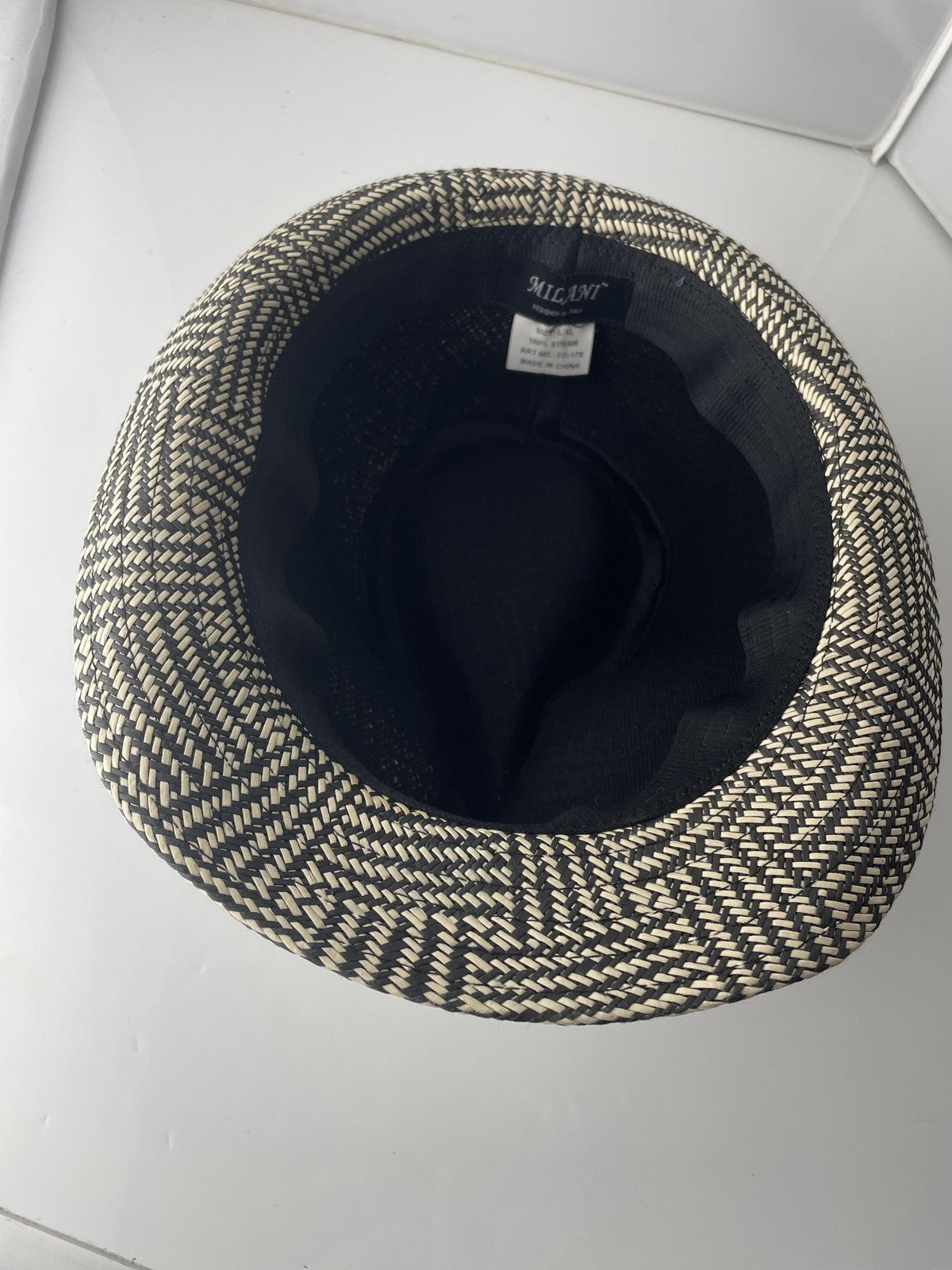 Milani Hat Fedora Fitted Mens Large Black Beige Straw Woven Herringbone Trilby