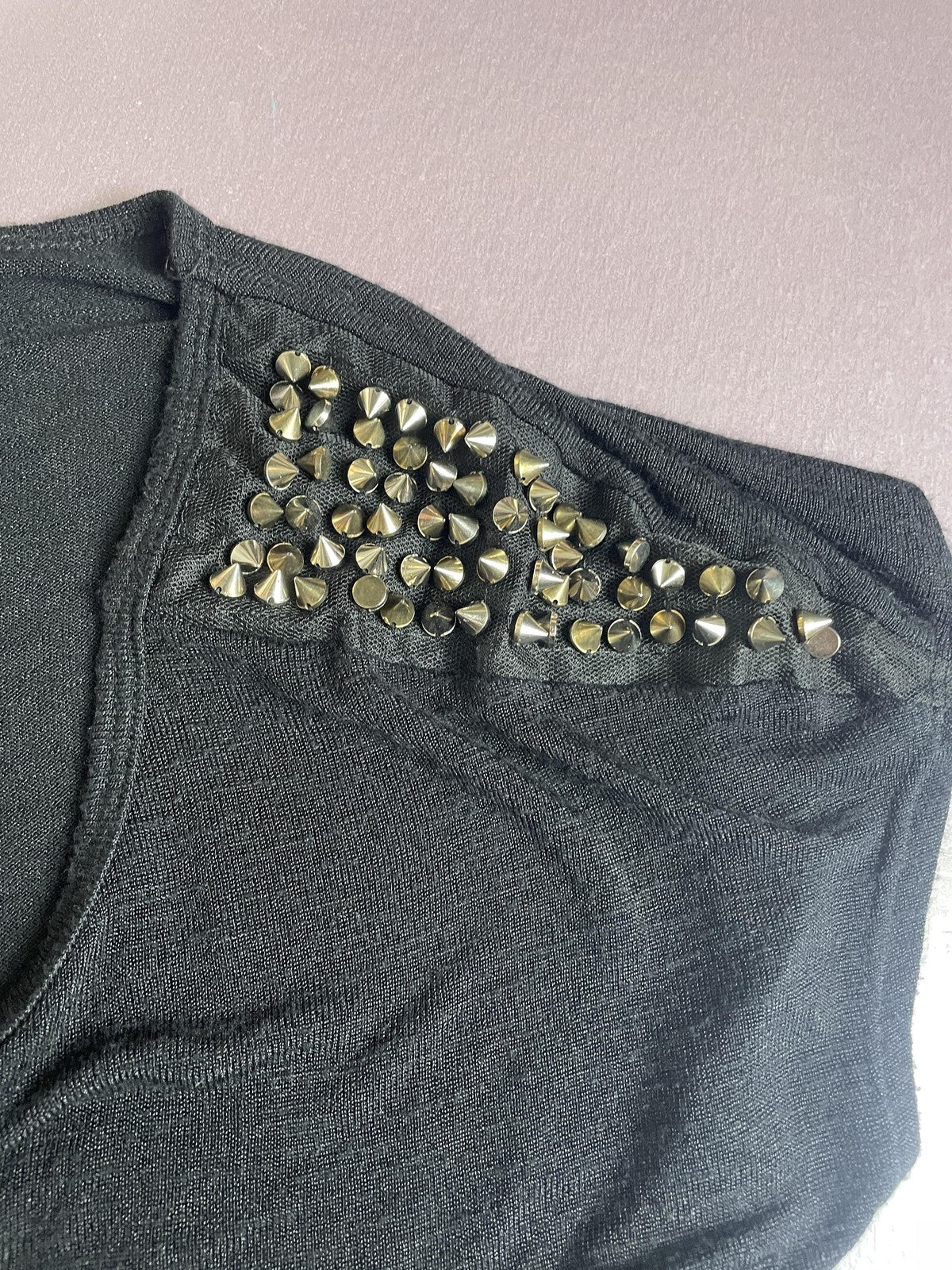 MM Couture Shirt Womens Medium Black Studded Shoulder Scoop Neck Top Cap Sleeve