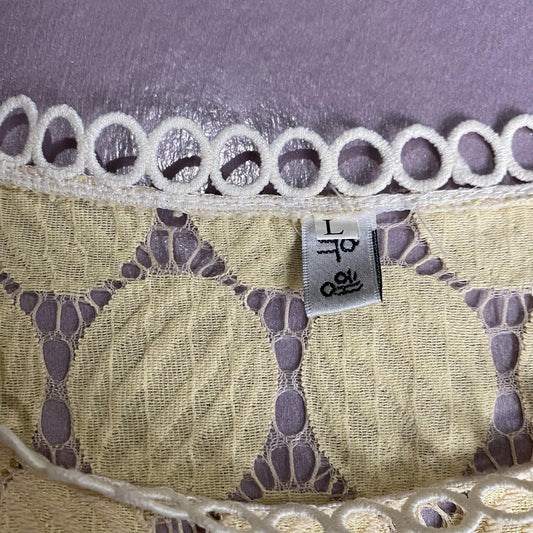 Yellow Lace Blouse Womens Large Sheer Bell Sleeve Crochet Trim Circle Pattern