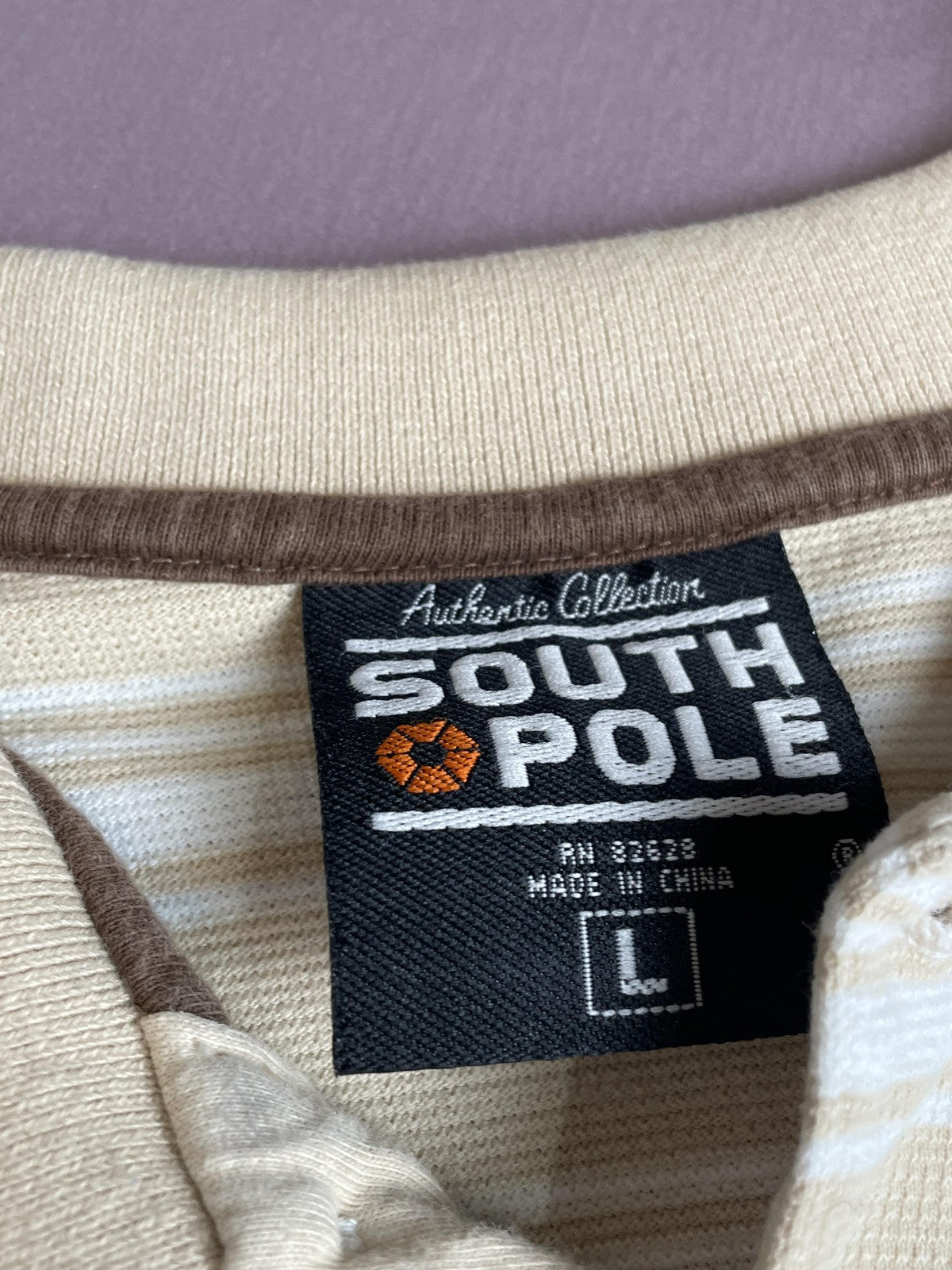 Southpole Polo Shirt Mens Large Tan White Stripe Short Sleeve Authentic Collared