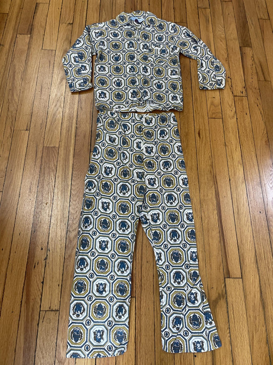 Vintage Ken-Barry Pajamas Set Boys 12 Gold Crest Print 70s Sleepwear Loungewear