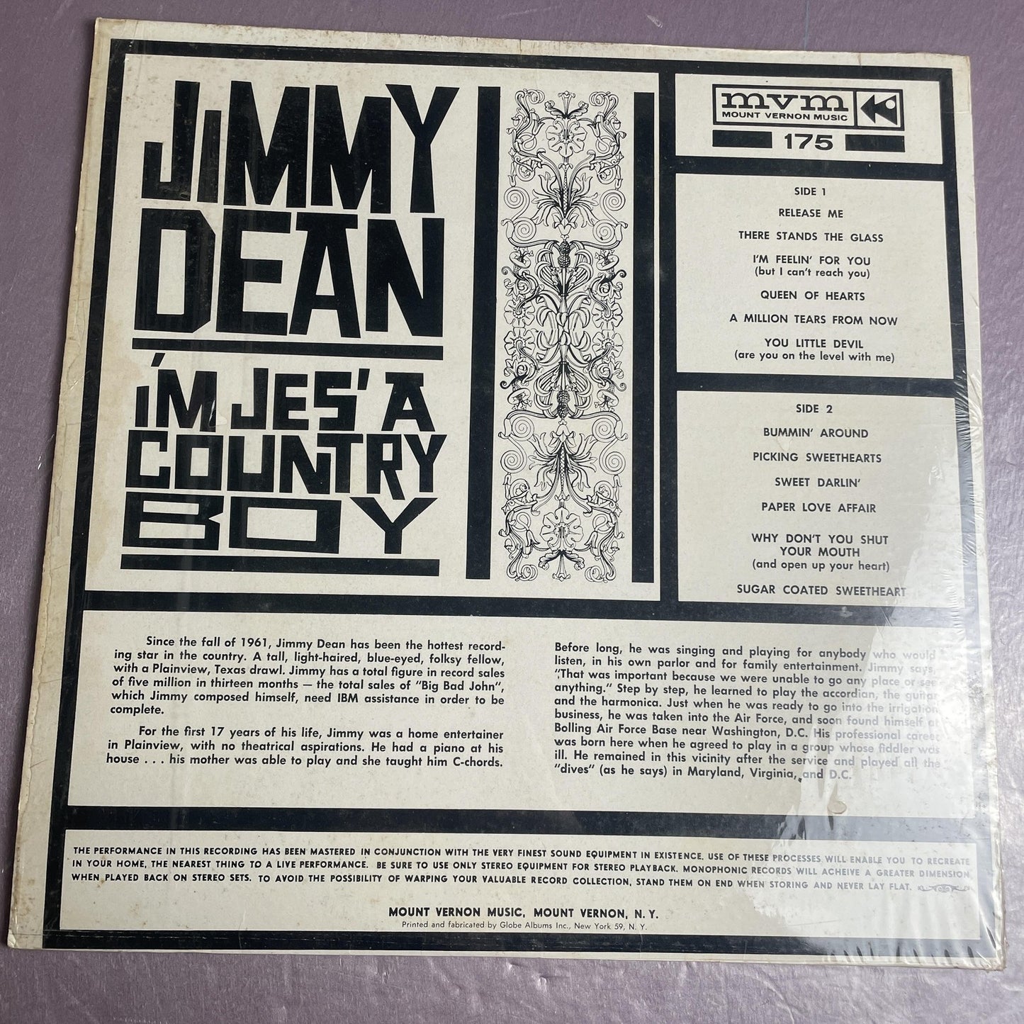 Vintage Jimmy Dean I'm Jes' A Country Boy 12" Black Vinyl LP MVM Country Album