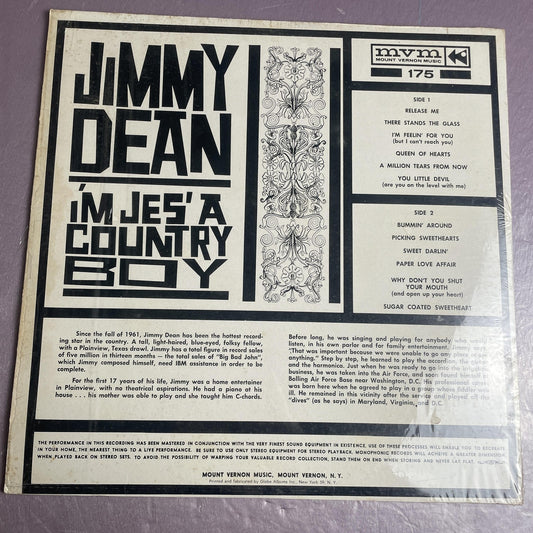 Vintage Jimmy Dean I'm Jes' A Country Boy 12" Black Vinyl LP MVM Country Album
