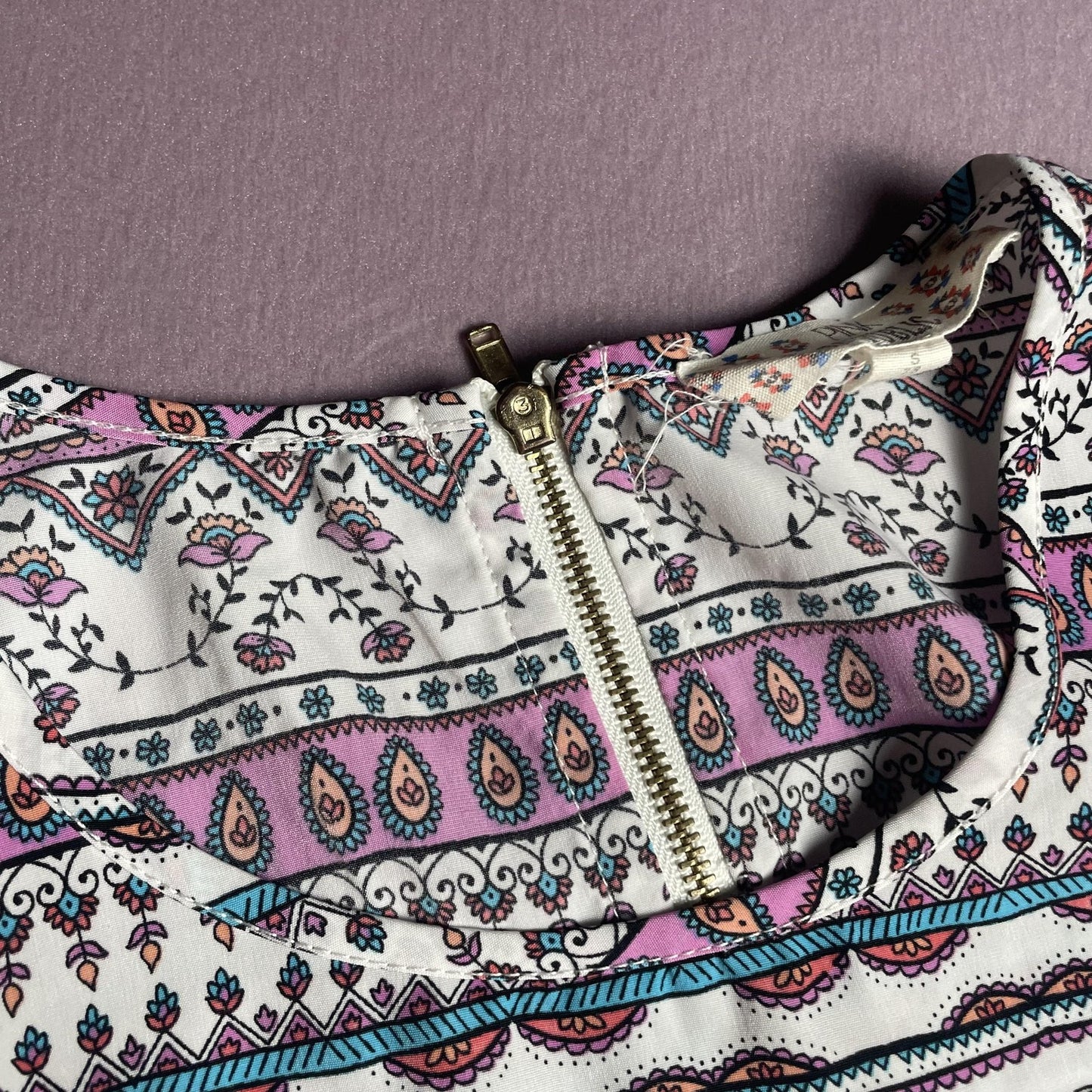 Pink Republic Dress Girls Small 7/8 White Purple Boho Aztec Print Short Sleeve