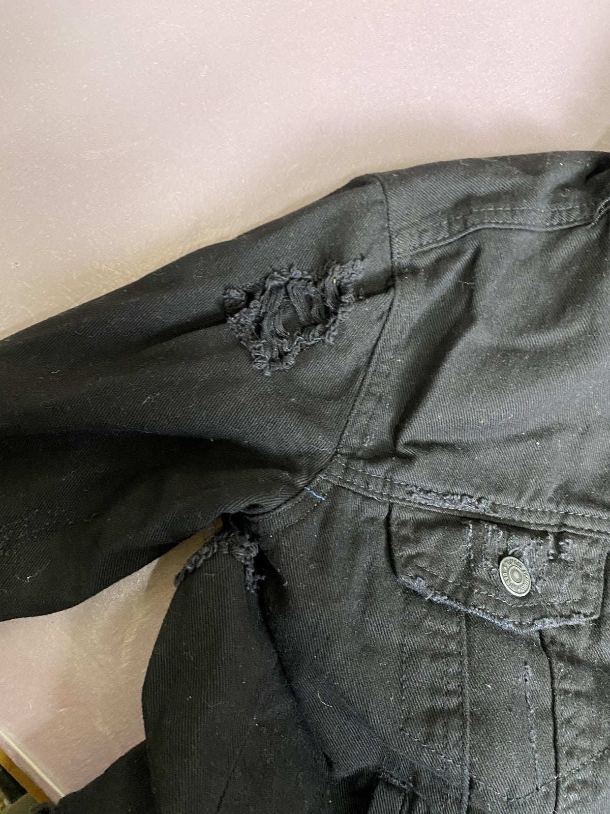 Almost Famous Denim Jacket Juniors Small Black Distressed Cropped Punk Grunge