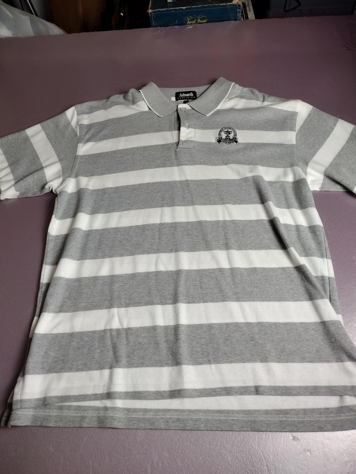 Ashworth Polo Shirt Mens Large Gray White Stripe Golf Short Sleeve Casual