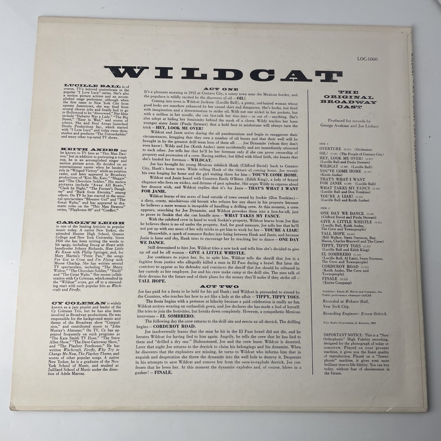Wildcat Original Broadway Musical Cast Lucille Ball 1961 Vinyl Record LSO-1060