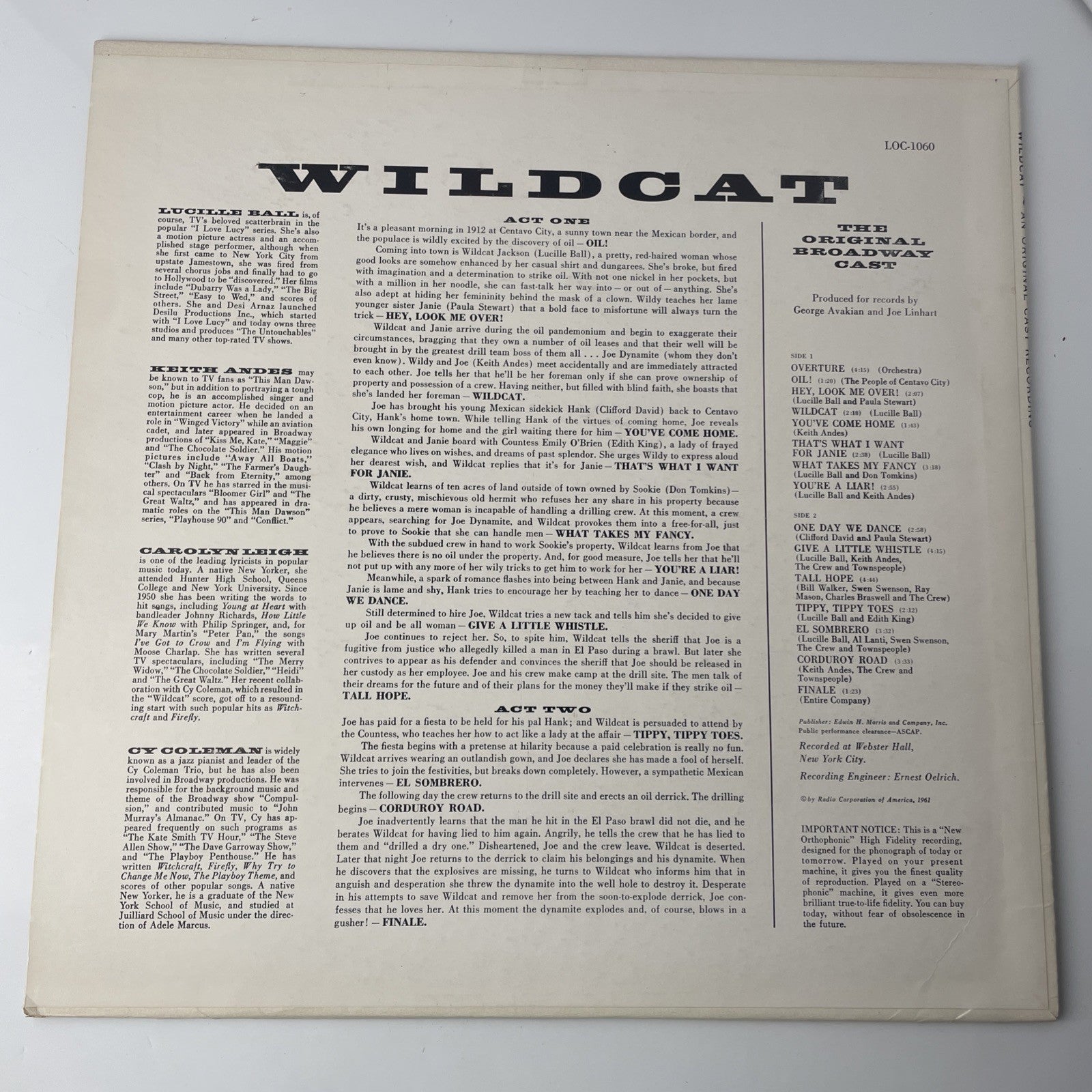 Wildcat Original Broadway Musical Cast Lucille Ball 1961 Vinyl Record LSO-1060