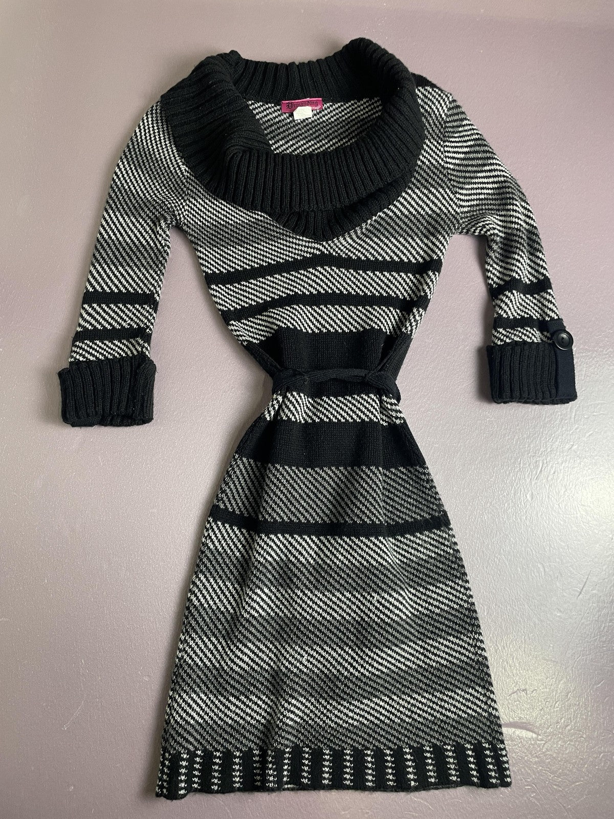 Say What Demanding Sweater Dress Womens Small Black White Cowl Neck Belted