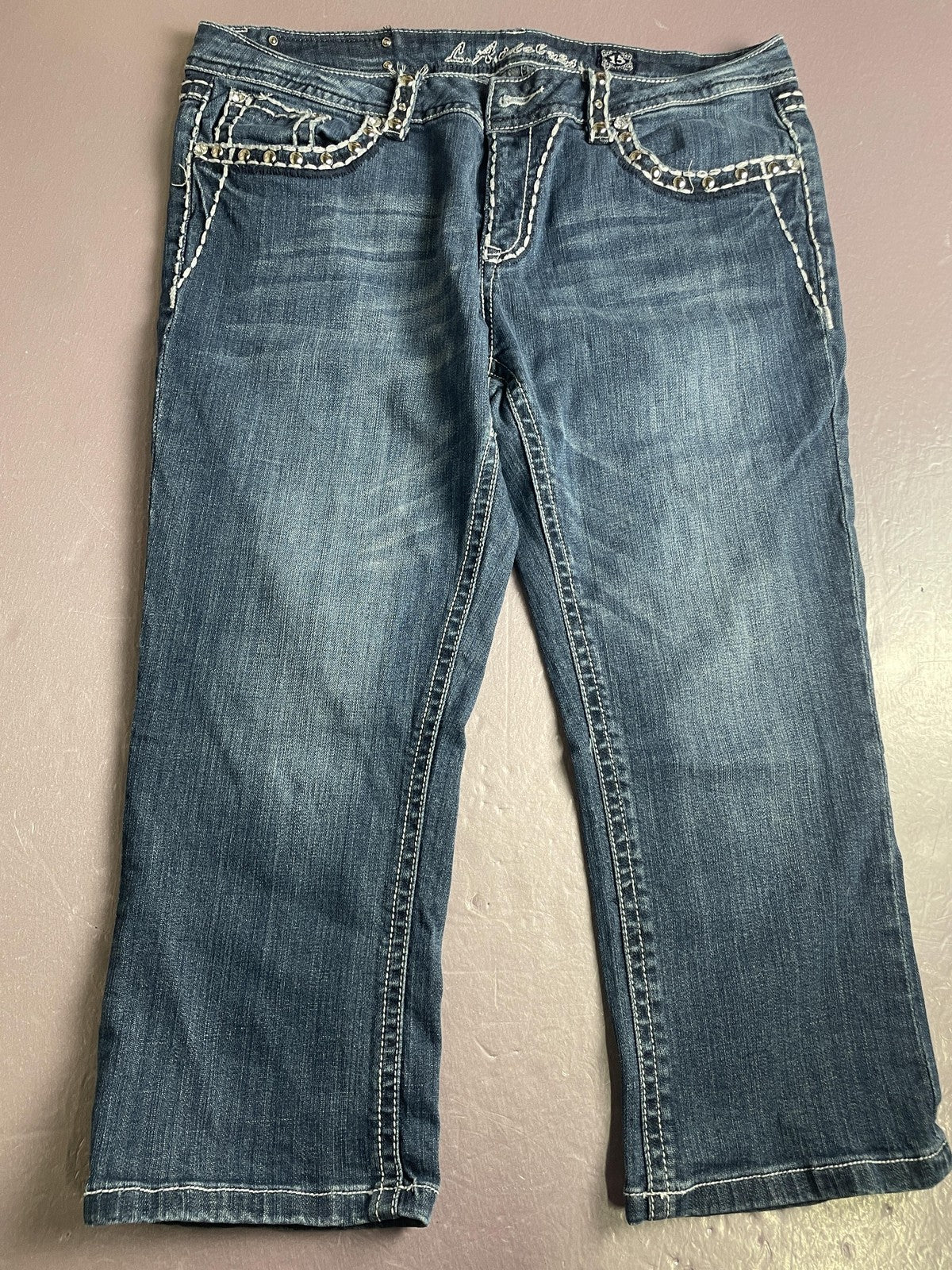 L.A. Idol USA Capri Jeans Juniors 15 Blue Medium Wash Rhinestone Studded Denim