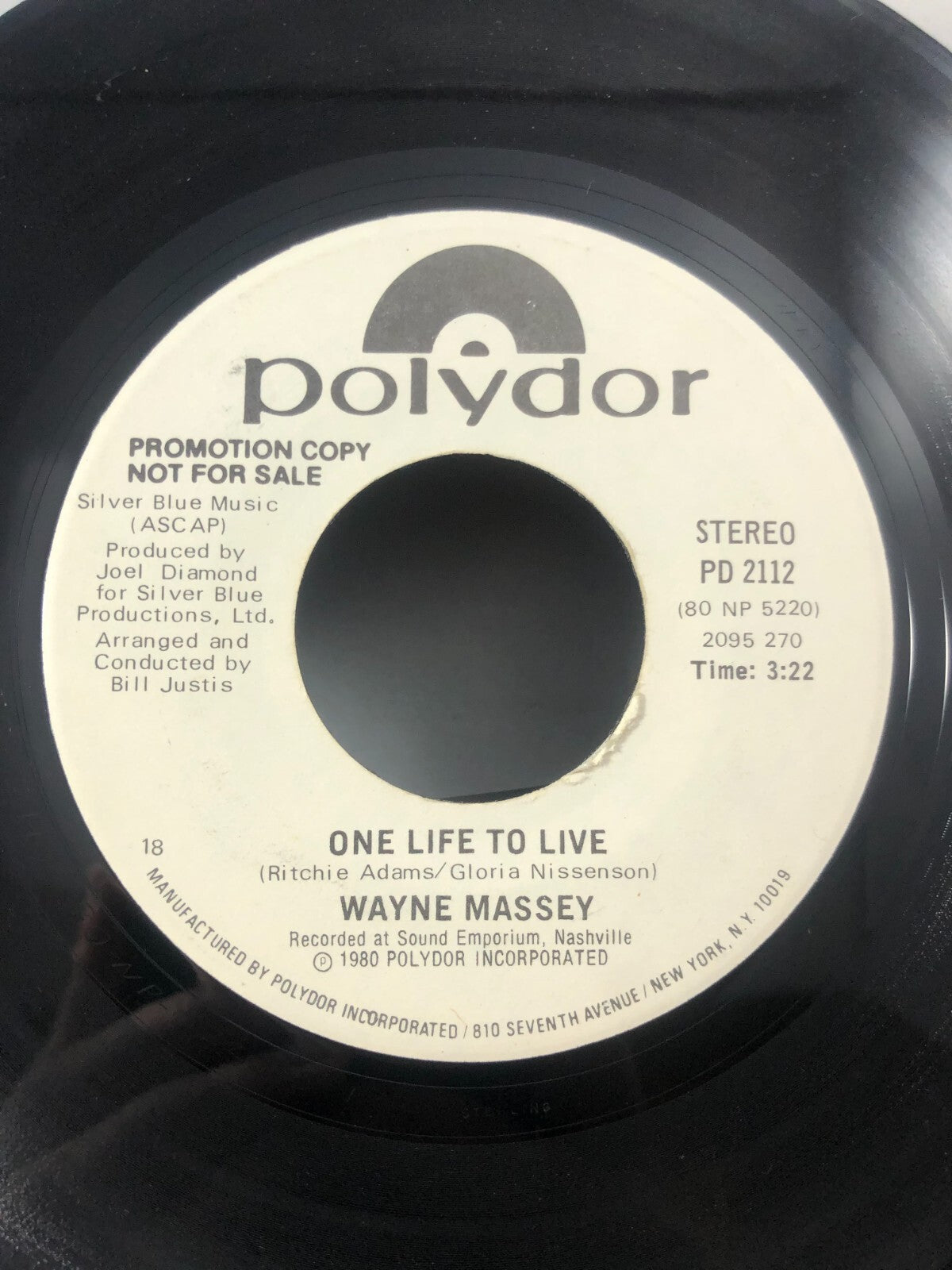 45 RPM Record   WAYNE MASSEY  One Life To Live    Stereo  PROMO Un Played