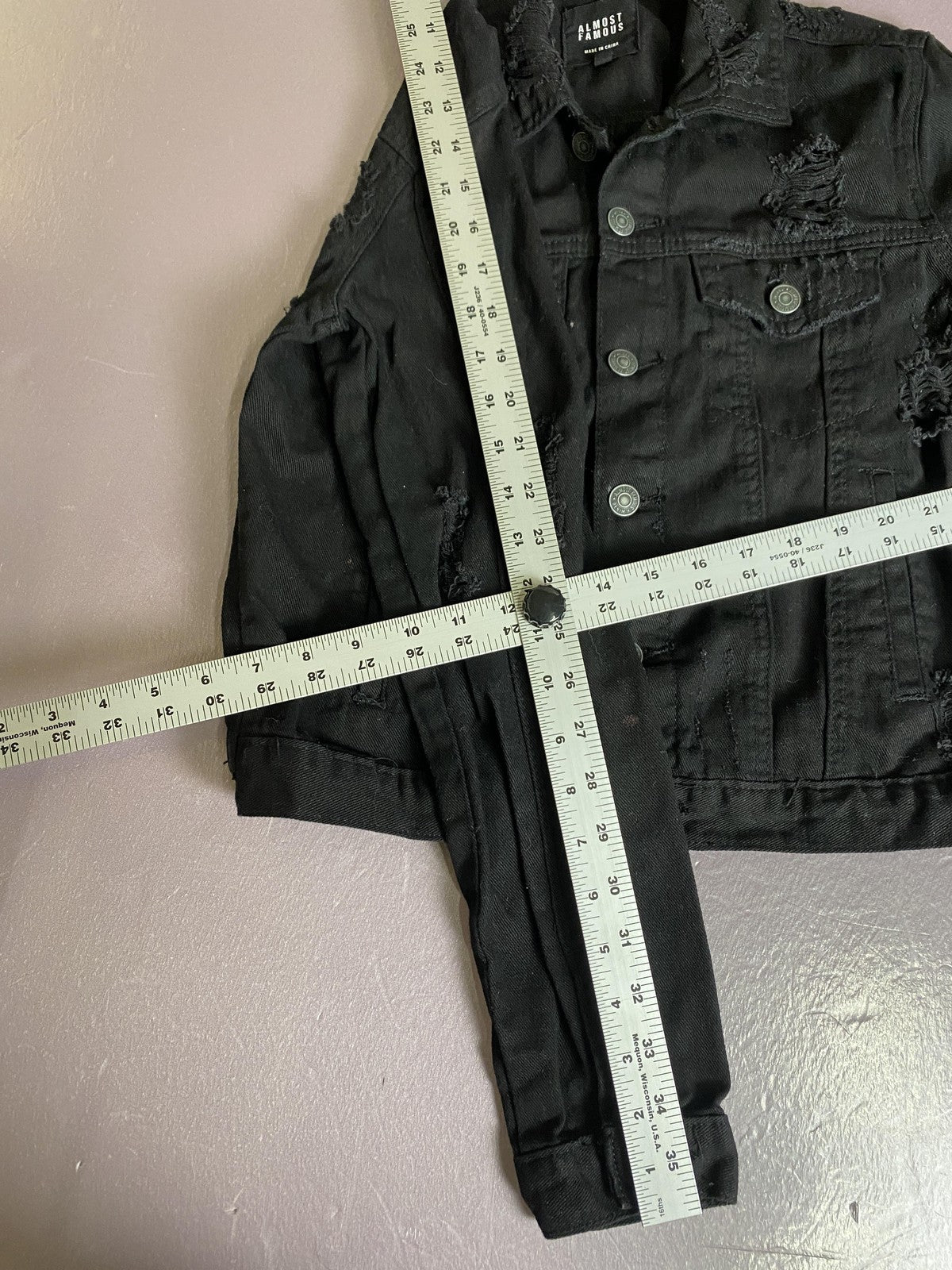 Almost Famous Denim Jacket Juniors Small Black Distressed Cropped Punk Grunge