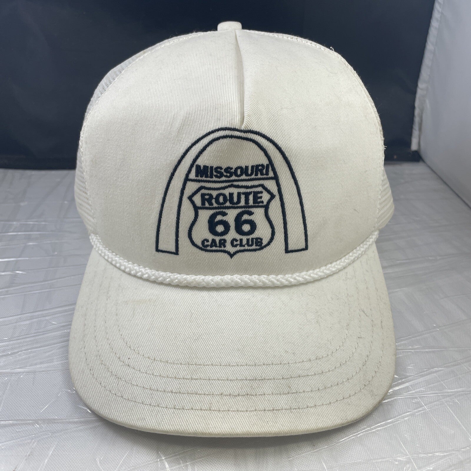 Vintage Rare Missouri Route 66 Car Club White Ball Cap Hat Adjustable Union Made
