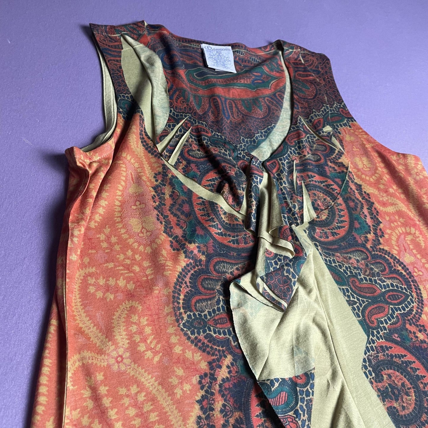 Ransom Tank Top Womens Medium Orange Green Paisley Ruffle Neck Sleeveless Boho