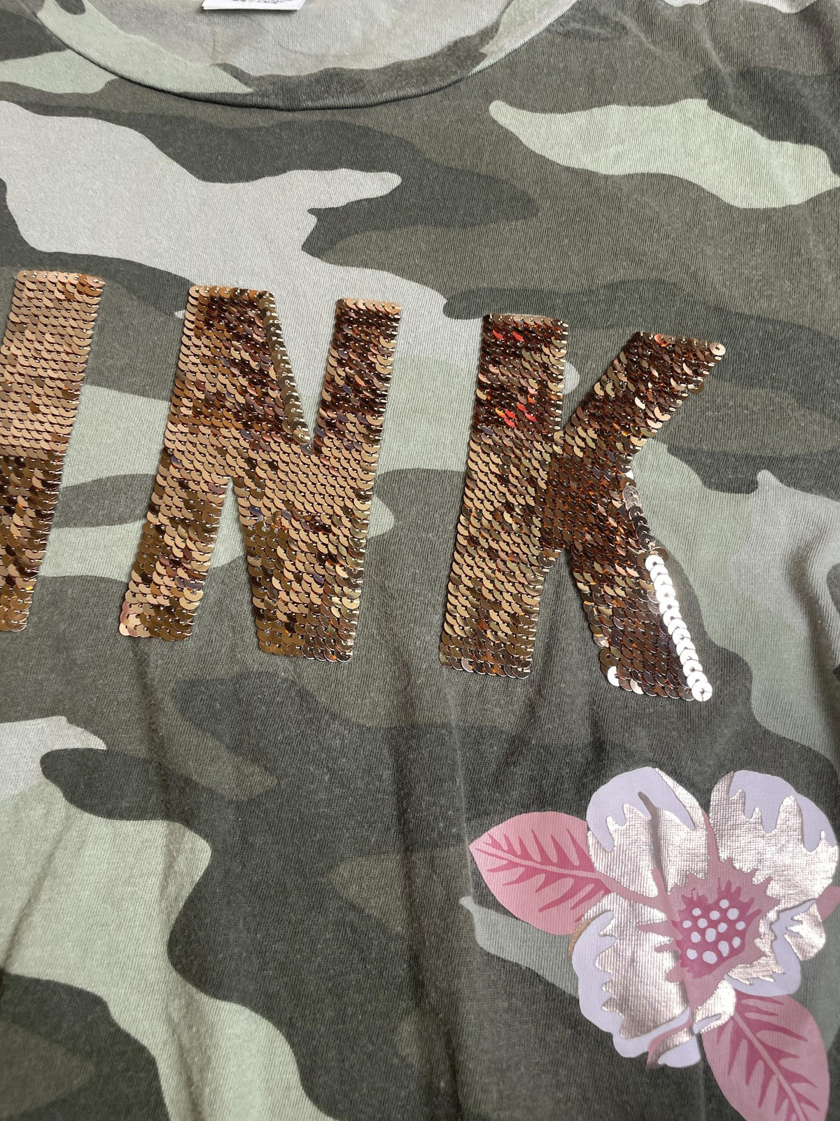 PINK Victoria's Secret Shirt Womens Large Green Camo Sequin Logo BLING Tee