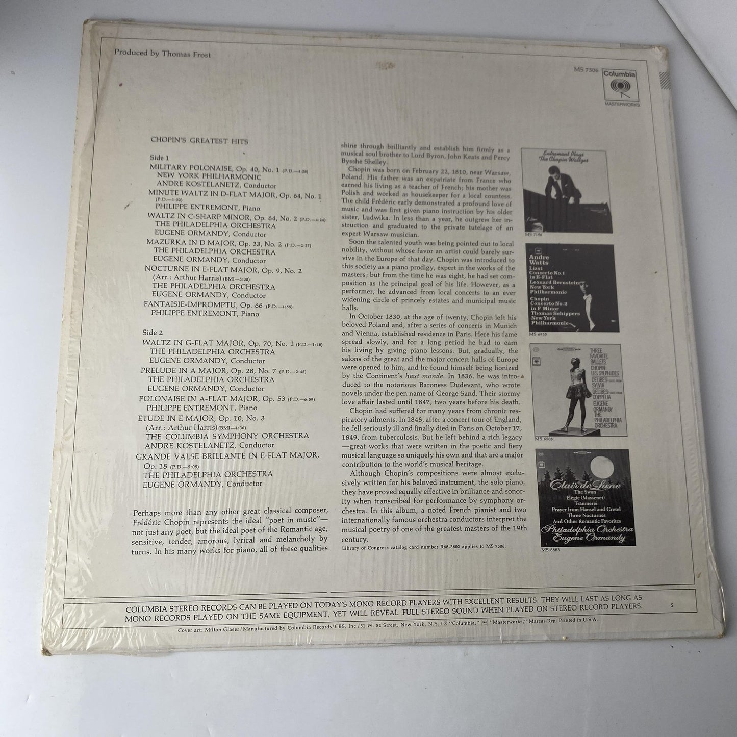 Vintage Chopin's Greatest Hits 12" Black Vinyl LP 1969 Masterworks Classical