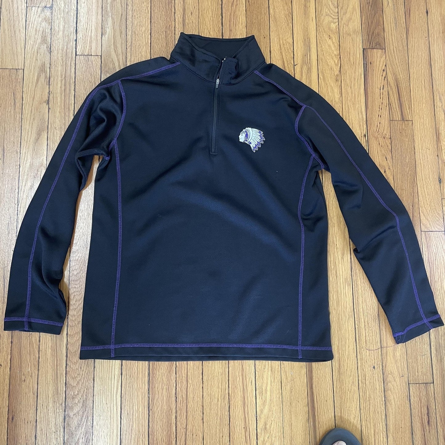 Black Quarter Zip Pullover Mens Large Purple Trim Athletic Long Sleeve Performan