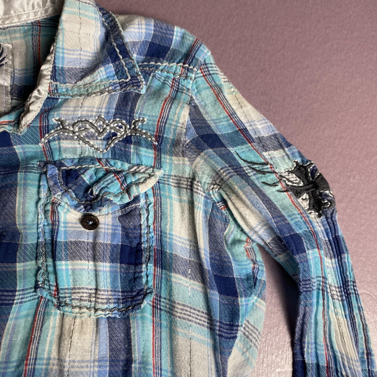 Roar Shirt Womens Small Blue Plaid Embroidered Western Snap Button Distressed