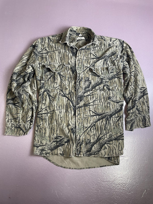 Vintage Mossy Oak Shirt Mens Medium Camou TREESTAND BARK Made USA 90s