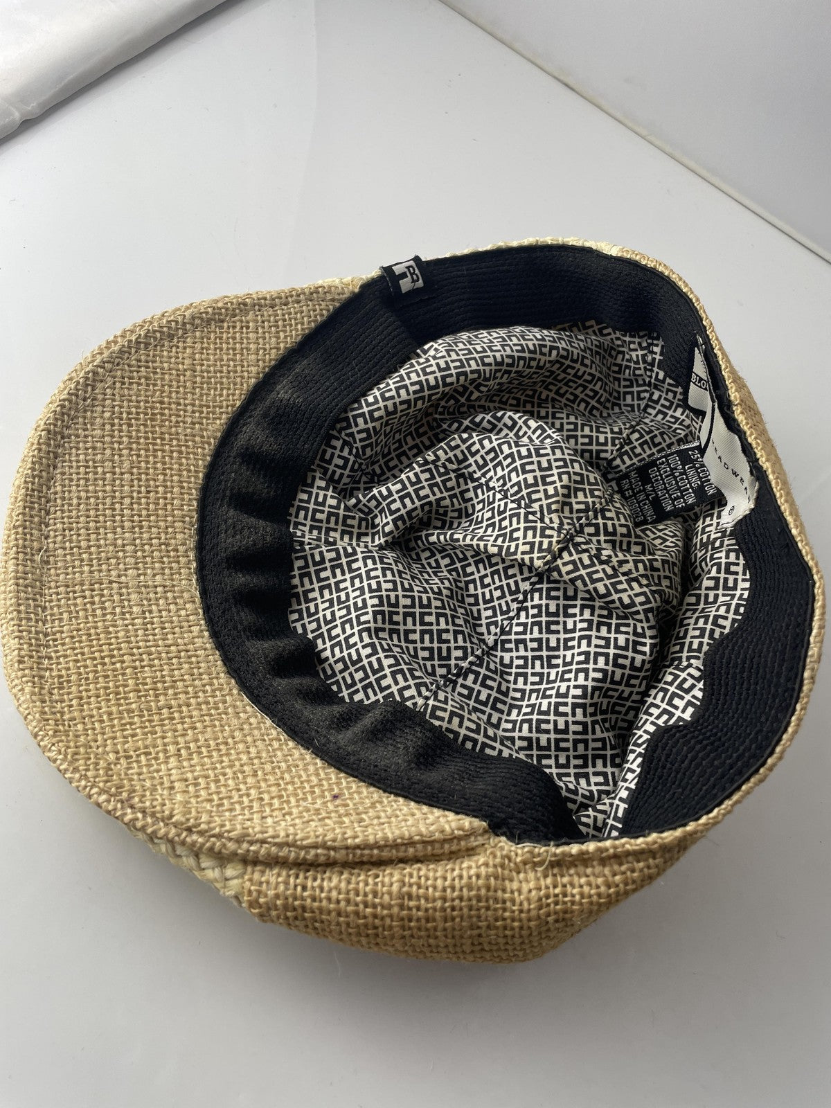 Block Headwear Hat Newsboy Fitted Mens Large Beige Two Tone Straw Woven Ivy