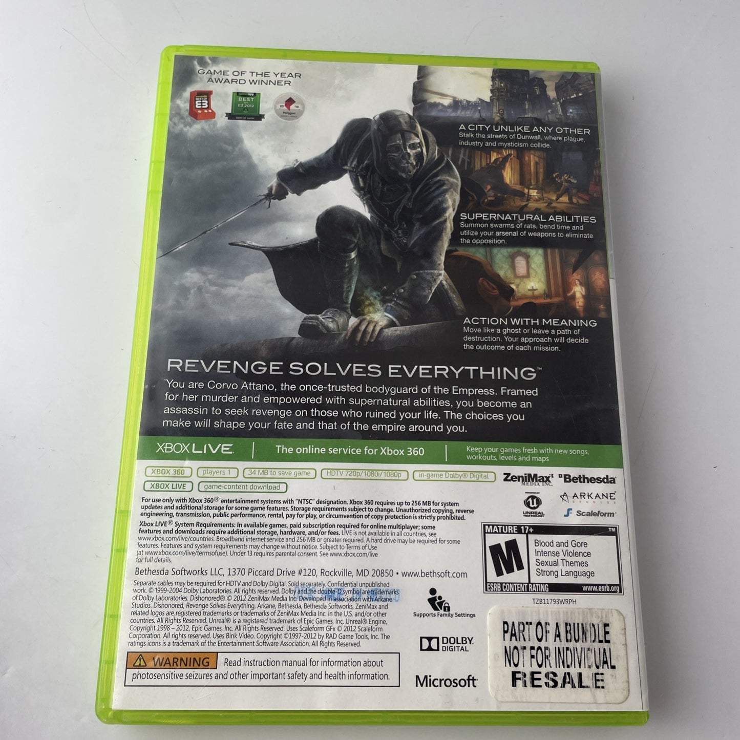 Dishonored (Xbox 360) No Manual Action Game VG Disc Platinum Hits