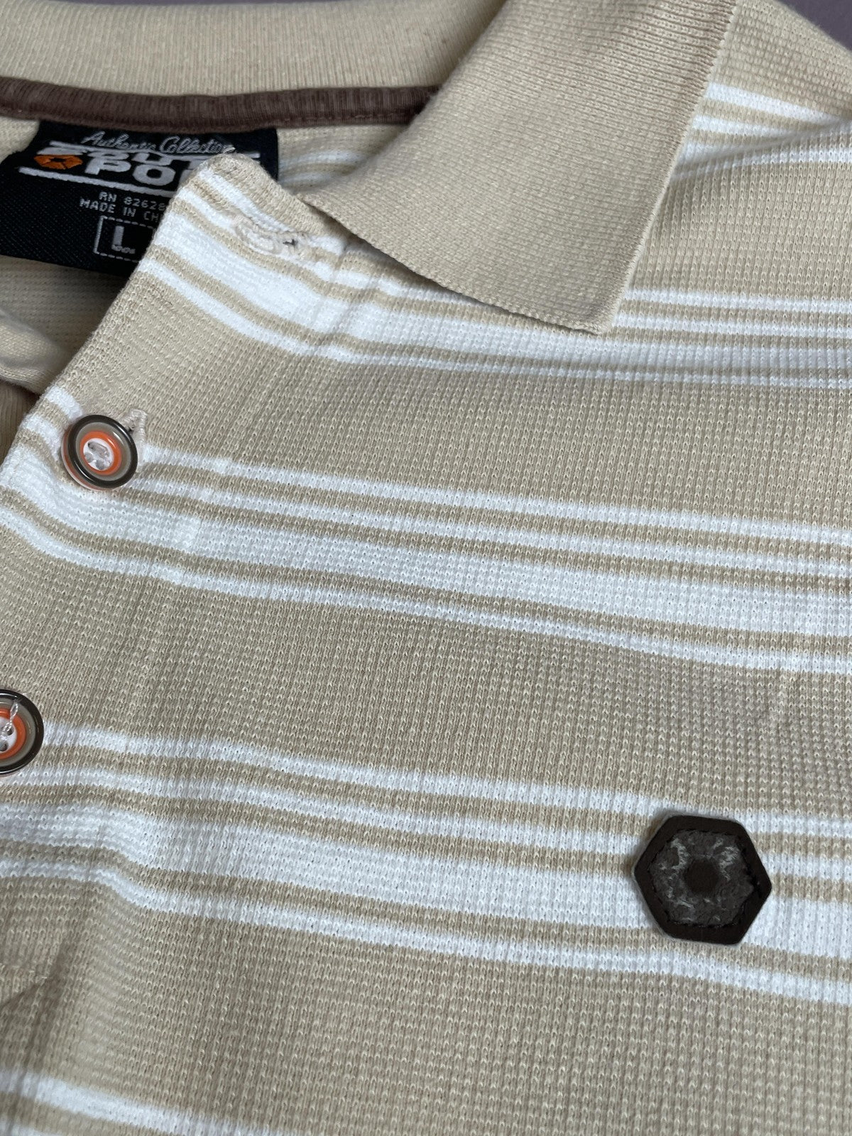 Southpole Polo Shirt Mens Large Tan White Stripe Short Sleeve Authentic Collared