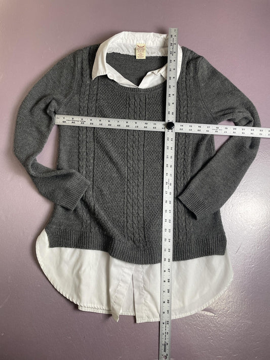Faded Glory Sweater Womens Medium Gray White Layered Shirt Cable Knit Preppy