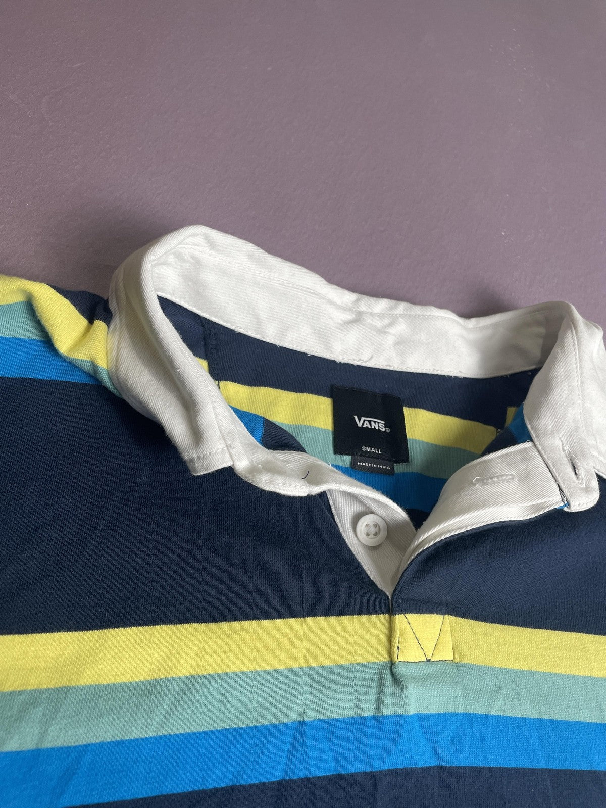 Vans Polo Shirt Mens Small Navy Multicolor Striped White Collar Skate Casual