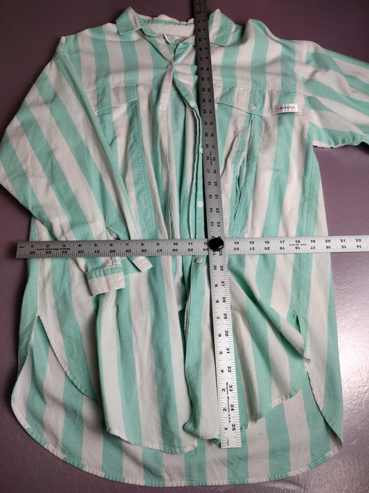 Green White Stripe Shirt Mens Large Button Front Long Sleeve Tunic Casual