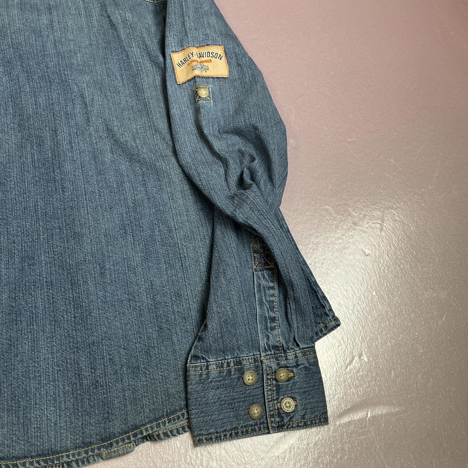 Harley-Davidson Shirt Womens XS Blue Denim Button Down Long Sleeve Western Logo