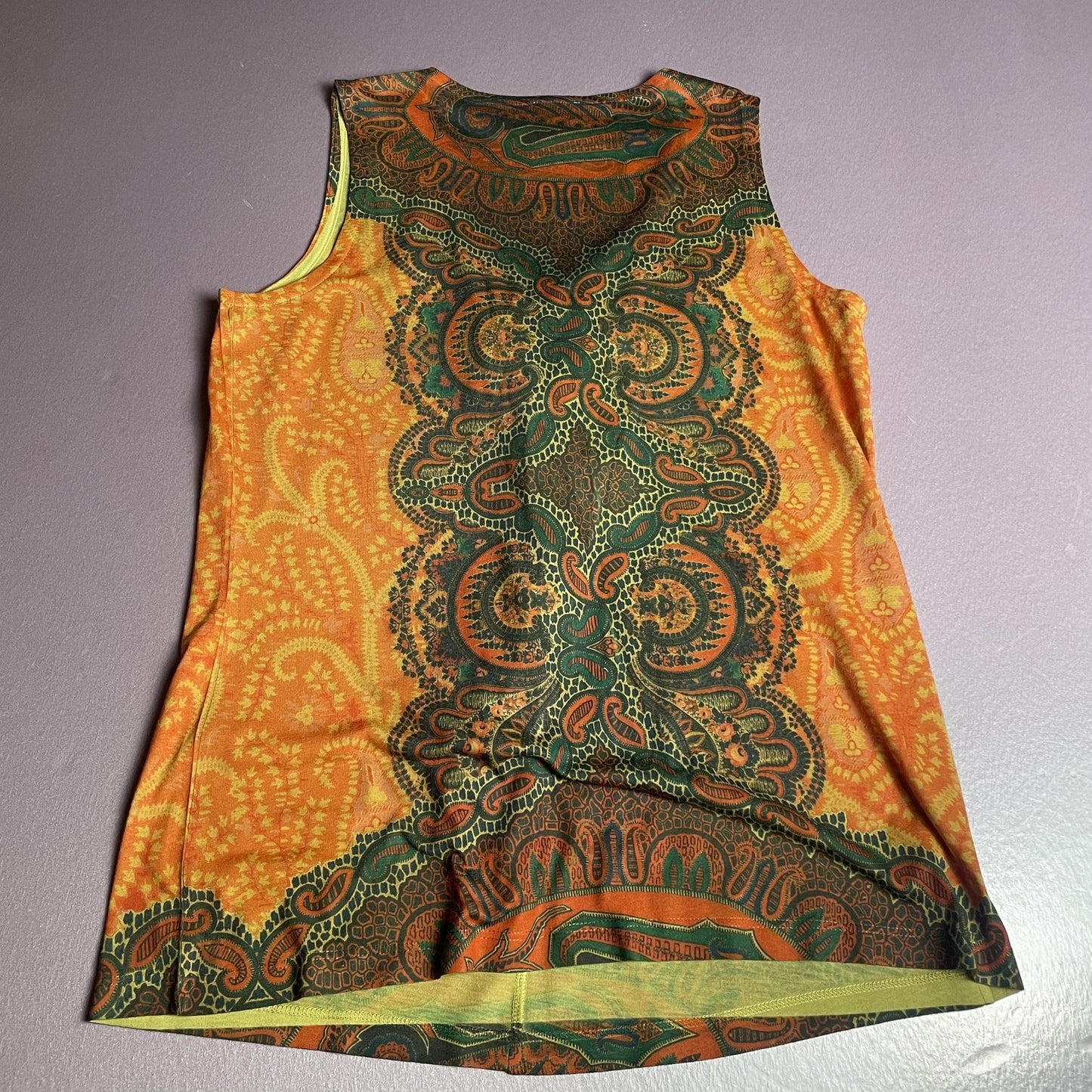 Ransom Tank Top Womens Medium Orange Green Paisley Ruffle Neck Sleeveless Boho