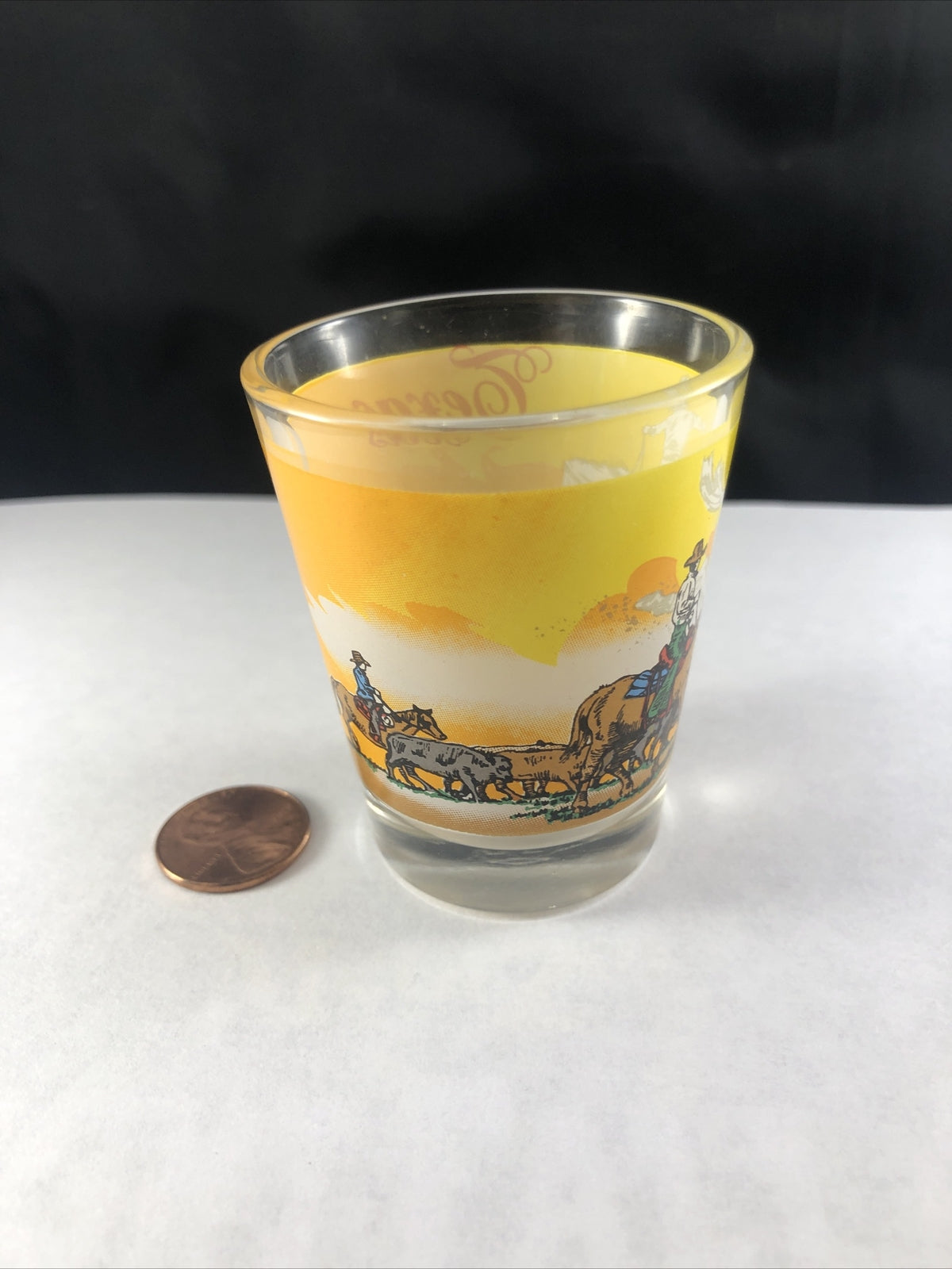 Texas  Souvenir Shot Glass White Yellow Cowboys Mustangs COMBINE SHIPPING Cattle