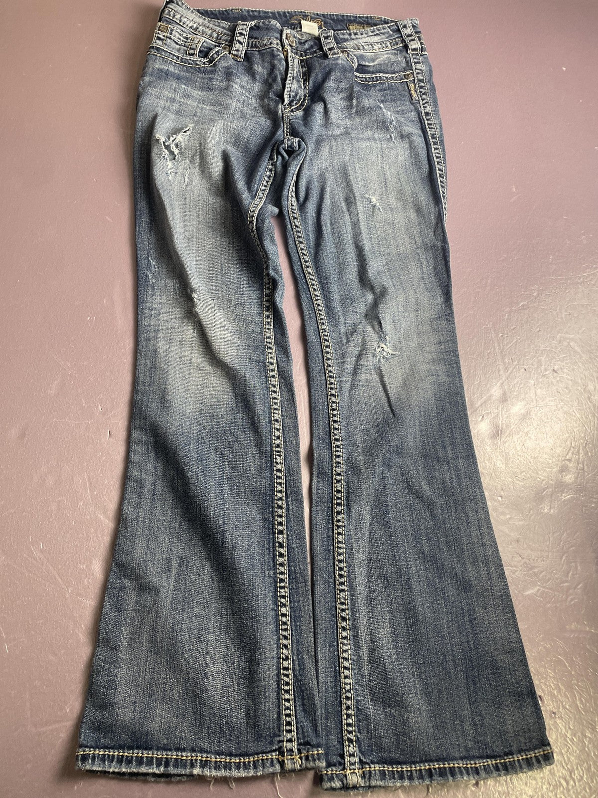 Silver Jeans Co Jeans Womens W30/L32 Blue Suki Surplus Bootcut Distressed Denim