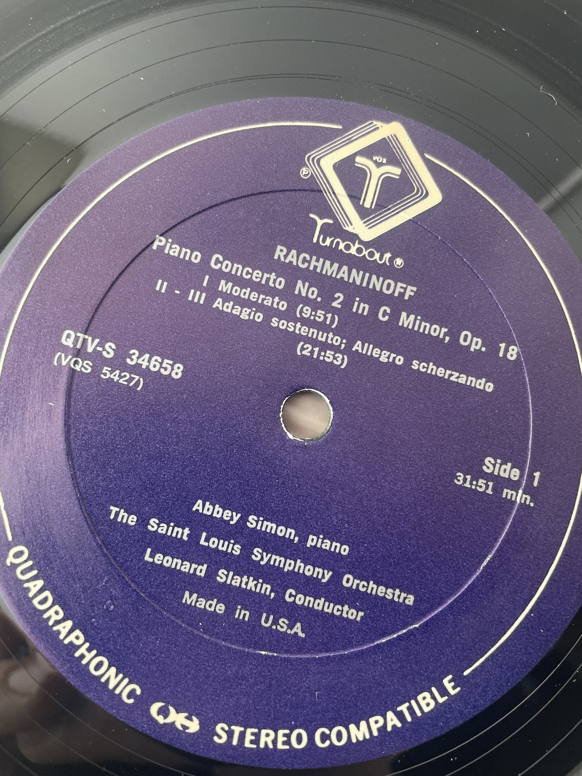 Vintage Rachmaninoff Vinyl LP Turnabout QTV-S 34658 Abbey Simon Leonard Slatkin