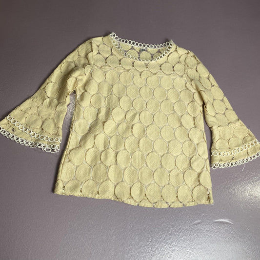 Yellow Lace Blouse Womens Large Sheer Bell Sleeve Crochet Trim Circle Pattern