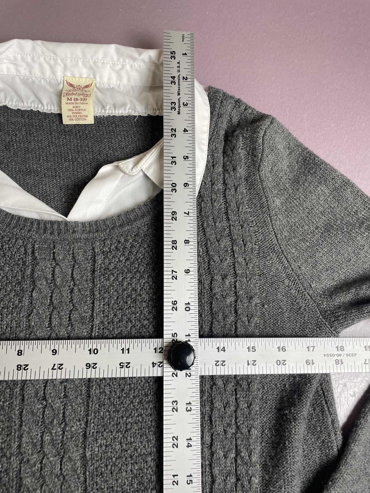 Faded Glory Sweater Womens Medium Gray White Layered Shirt Cable Knit Preppy