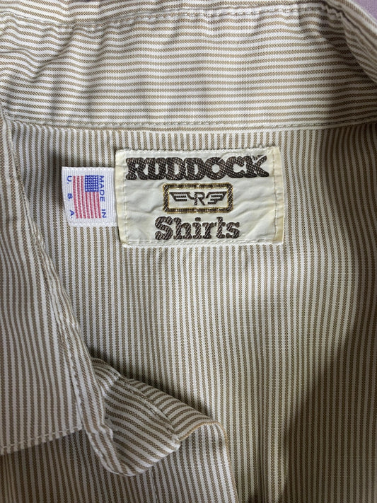 Ruddock Shirt Mens Large Beige Stripe Western Pearl Snap Short Sleeve Made USA