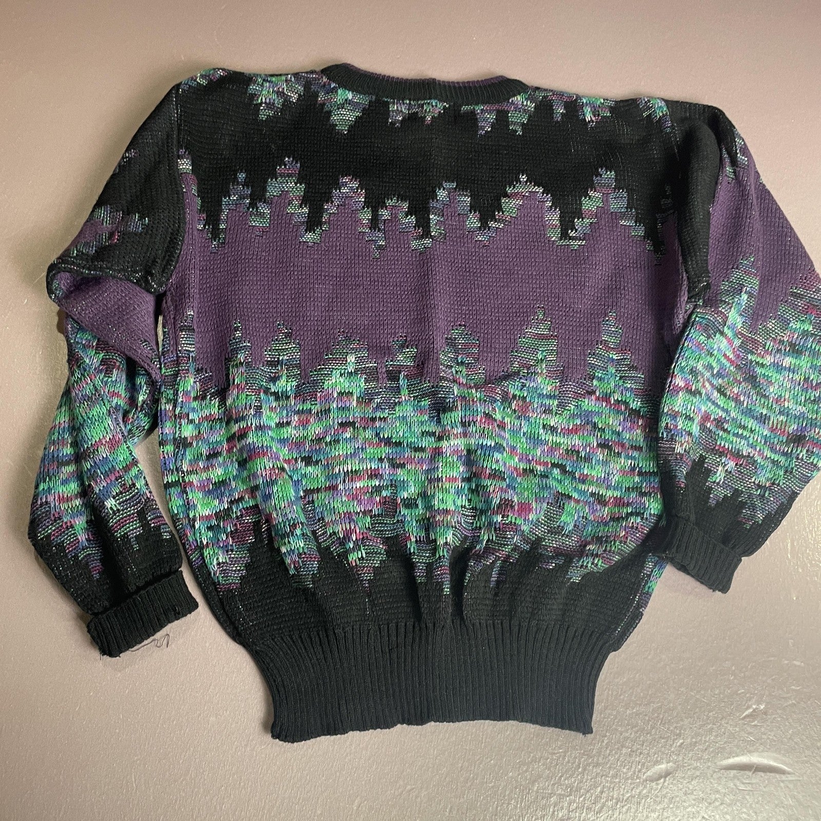 Vintage Alan Stuart Sweater Mens Medium Black Purple Abstract Textured Knit 80s