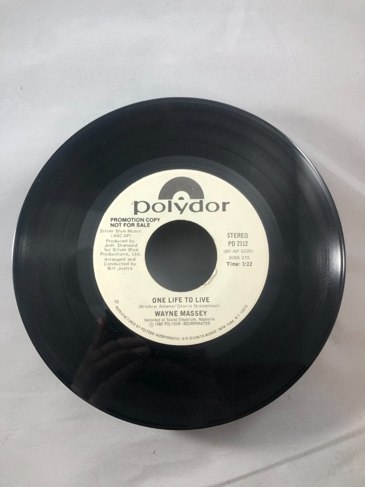 45 RPM Record   WAYNE MASSEY  One Life To Live    Stereo  PROMO Un Played