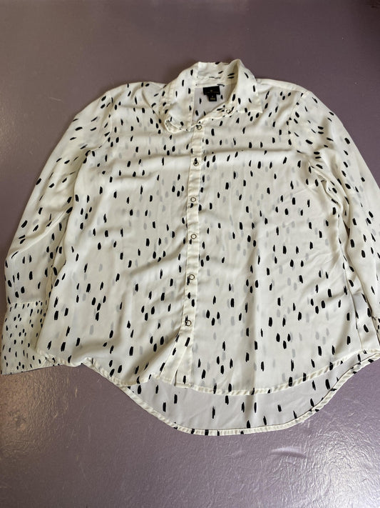 Worthington Shirt Womens Large White Black Polka Dot Button Front Long Sleeve