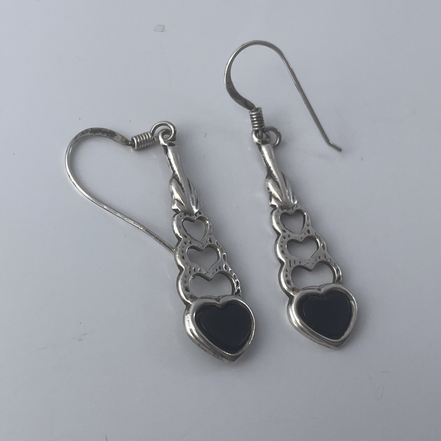 Vintage Sterling Silver 925 Black Onyx Heart Drop Earrings P525
