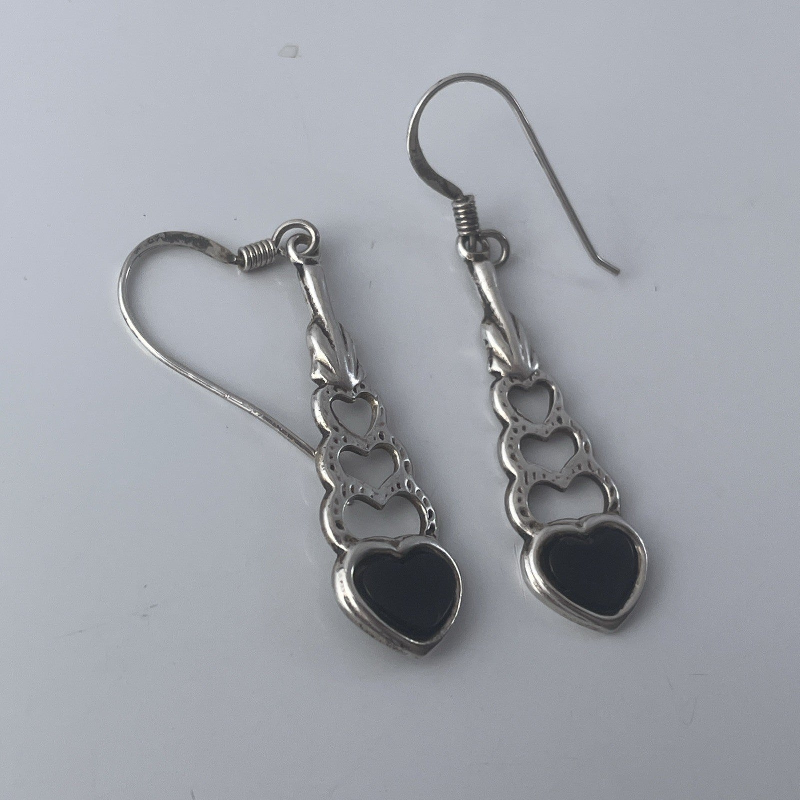 Vintage Sterling Silver 925 Black Onyx Heart Drop Earrings P525