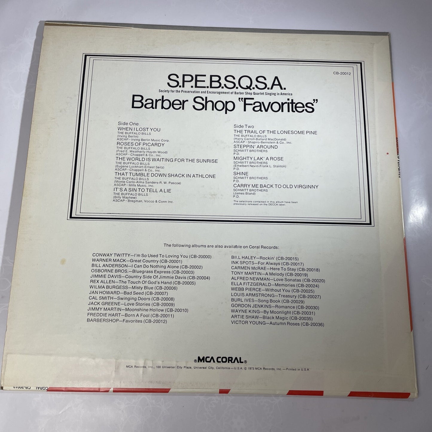 Buffalo Bills/Schmitt Brothers – Barbershop Favourites VINYL LP RECORD - VG