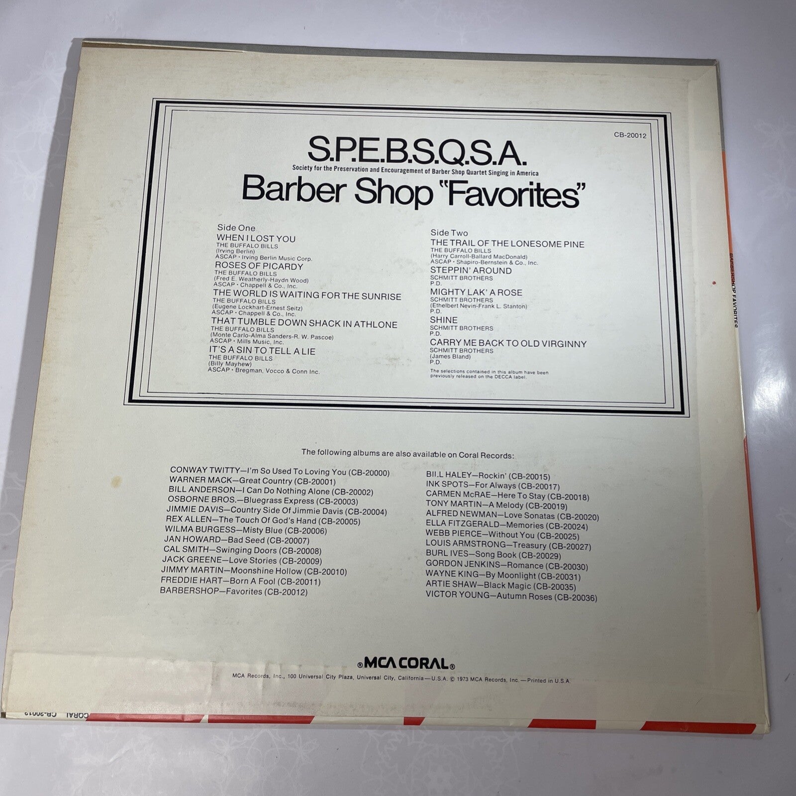 Buffalo Bills/Schmitt Brothers – Barbershop Favourites VINYL LP RECORD - VG