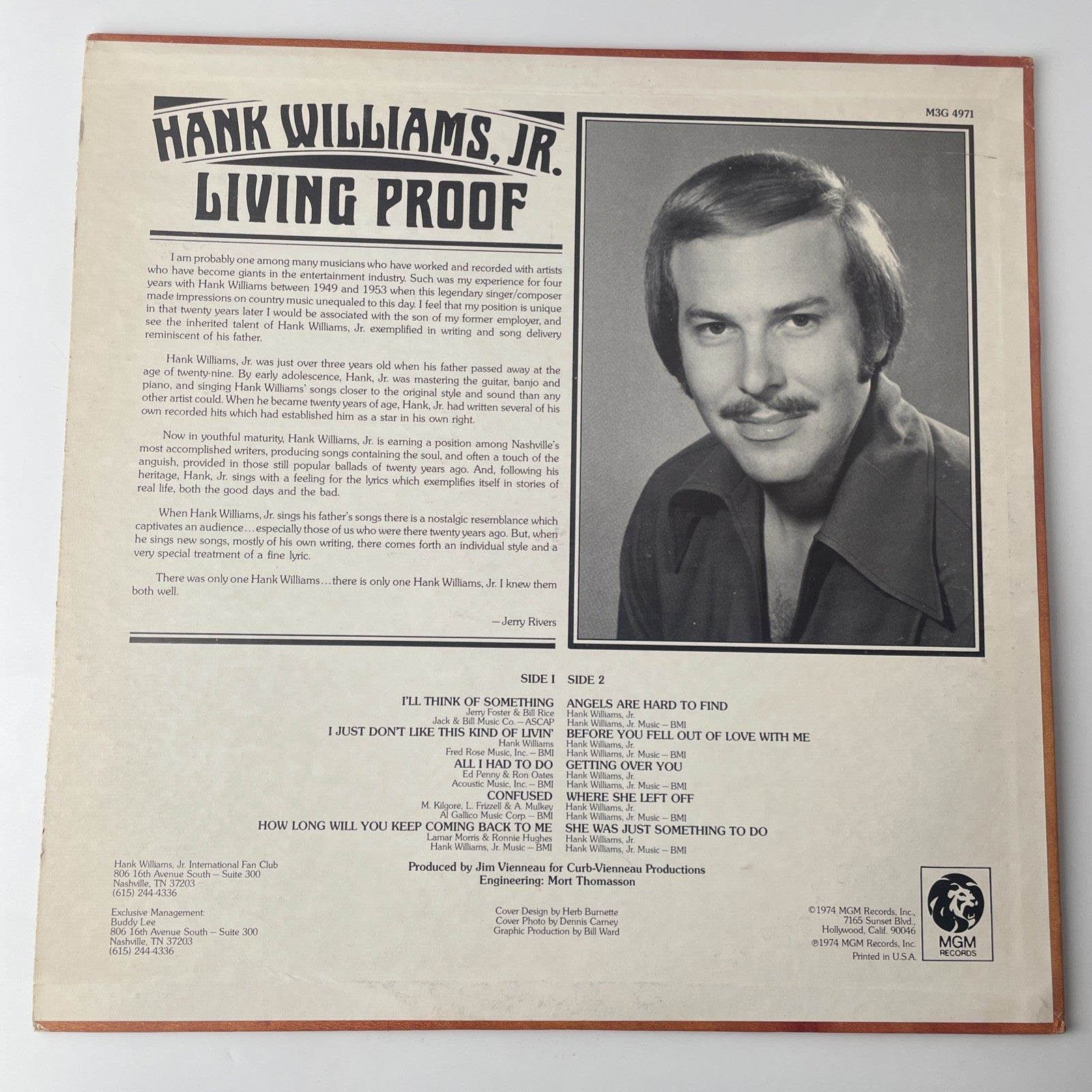 Hank Williams Jr. Living Proof LP 1974 MGM M3M-4971 VINYL