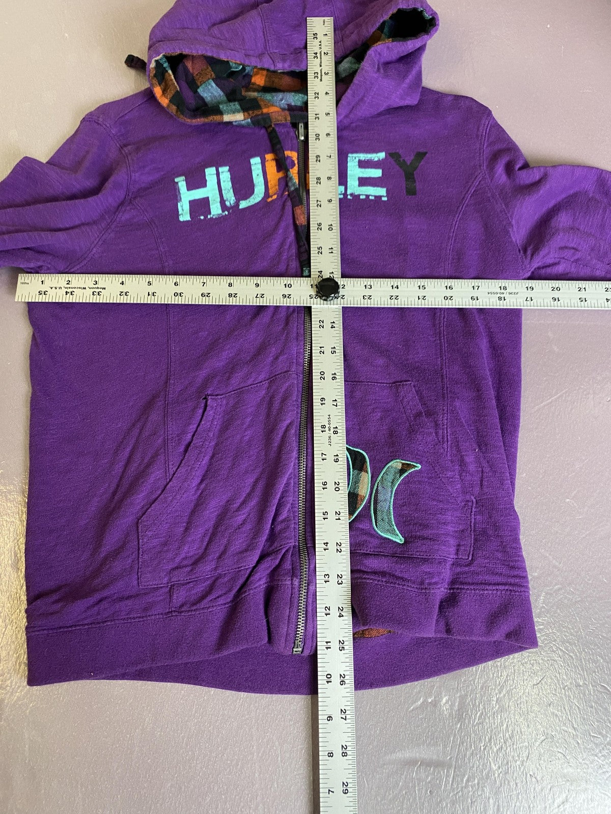 Hurley Hoodie Sweatshirt Womens Medium Purple Full Zip Graphic Logo Plaid Lined