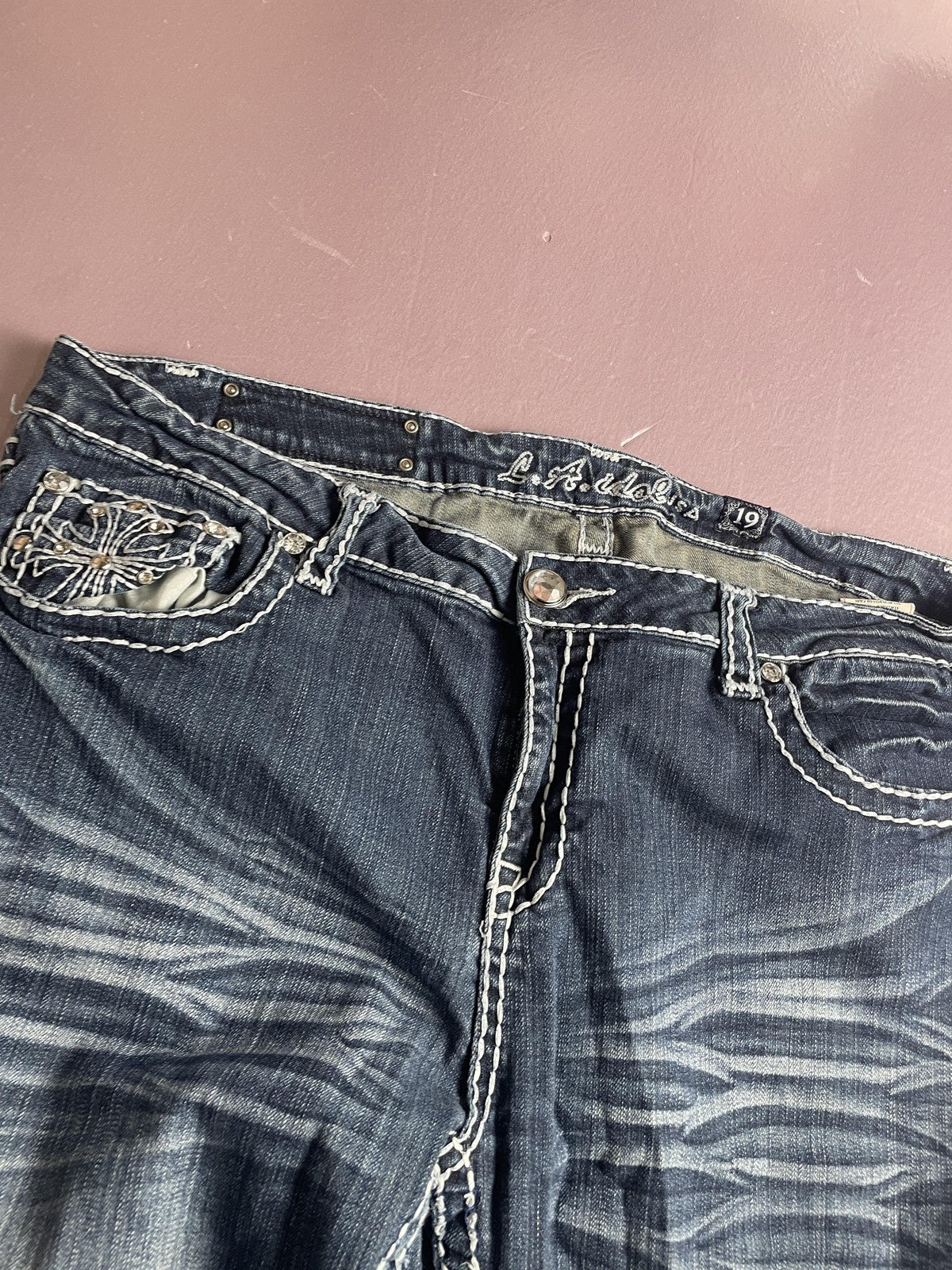 LA Idol Jeans Juniors 19 Blue High Rise Bootcut Embroidered Rhinestone Denim