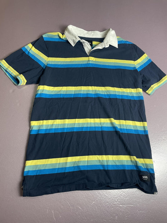 Vans Polo Shirt Mens Small Navy Multicolor Striped White Collar Skate Casual