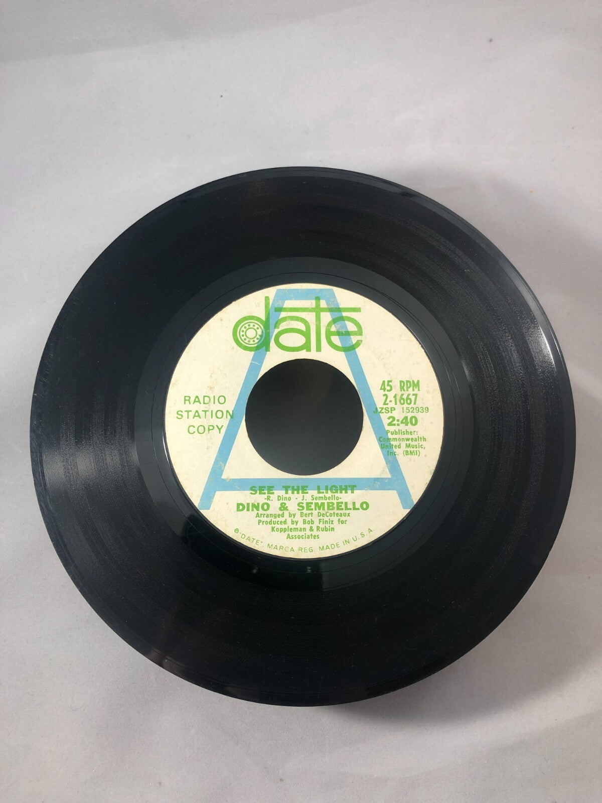 Rock Promo 45 Dino & Sembello - See The Light / Imogene And Me On Date VG PROMO