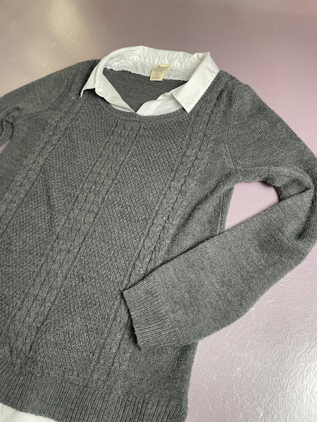 Faded Glory Sweater Womens Medium Gray White Layered Shirt Cable Knit Preppy